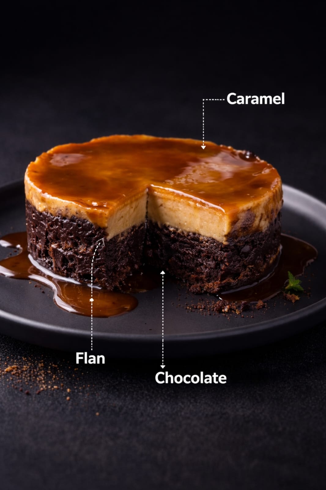 Corte del Flan Imposible artesanal mostrando sus capas Tentaciones Briz Cadereyta Jiménez