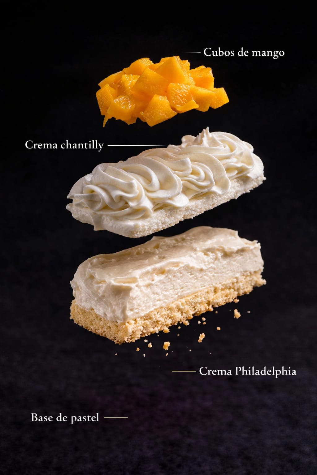 Corte del Mini de Mango mostrando capas de pastel artesanal Tentaciones Briz Cadereyta Jiménez